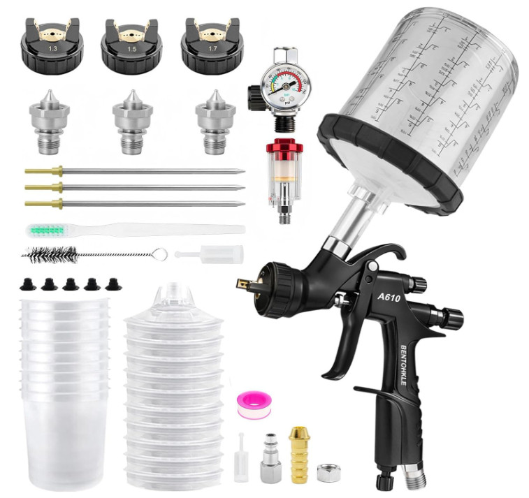 Pistola LVLP con 10 Vasos 650ml Boquillas y Regulador de Aire