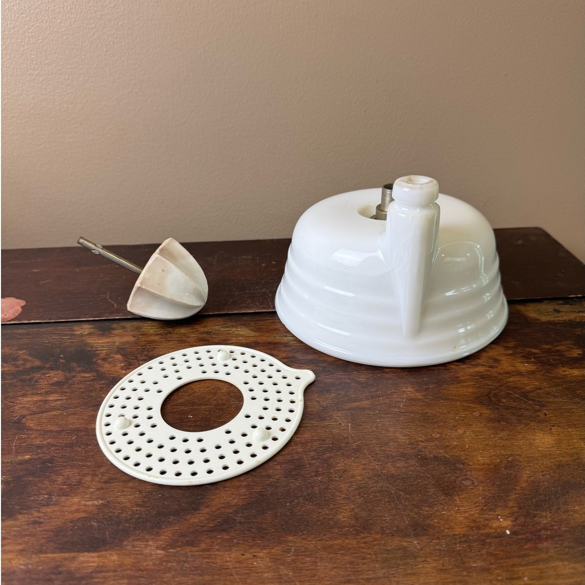 Oster VTG Art Deco Milk Glass Mixer Juicer Attachment Bowl Strainer & Reamer