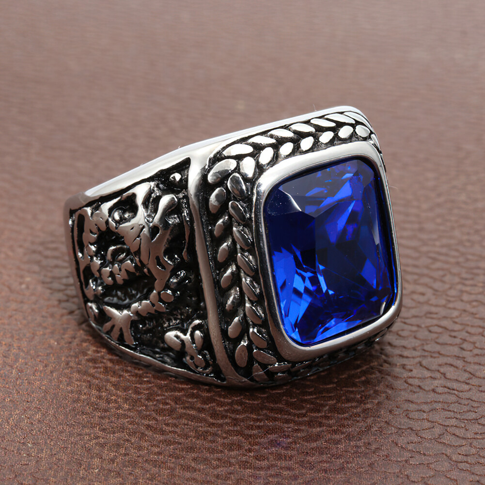 Men Square Stone Signet Ring Stainless Steel Dargon Pinky Statement Size 7-13