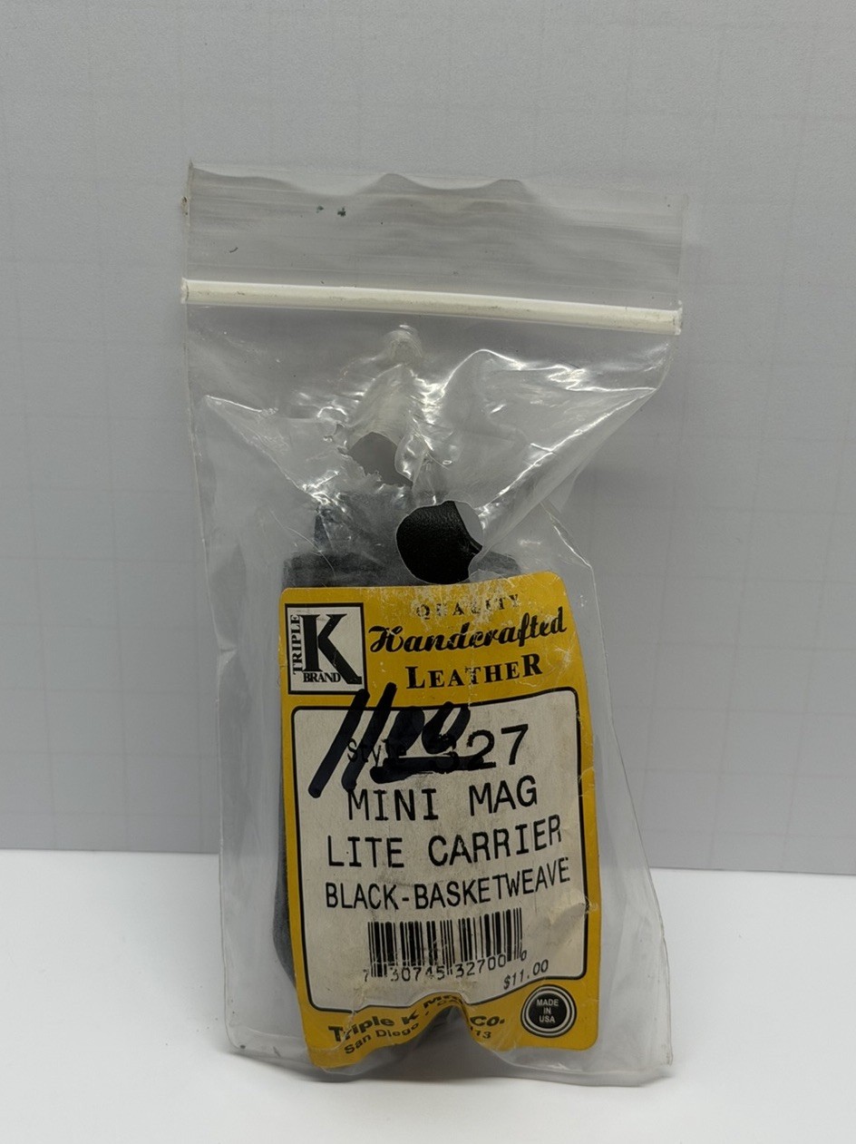 Triple K #827 Mini Mag Lite Carrier Black Basketweave Leather Holder USA NOS