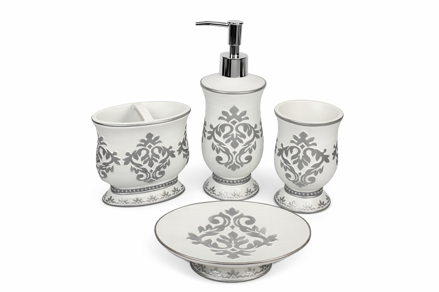 4 Pc Bathroom Set White Damask Soap Dispenser & dish toothbrush Holder Tumbler