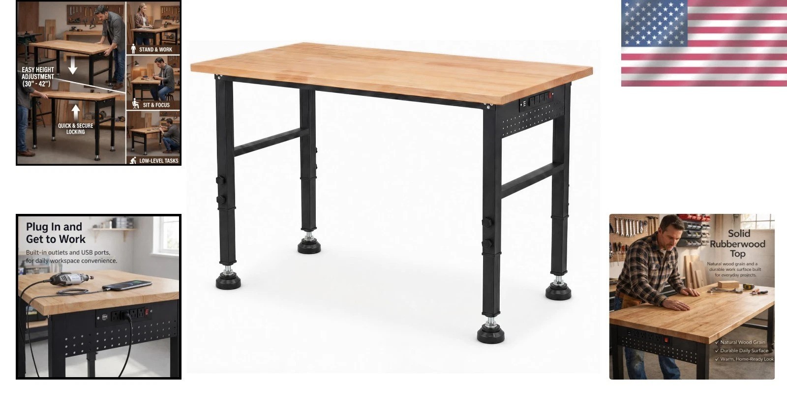 48" Adjustable Height Wood Workbench with Power Outlets - 2000 LB Capacity
