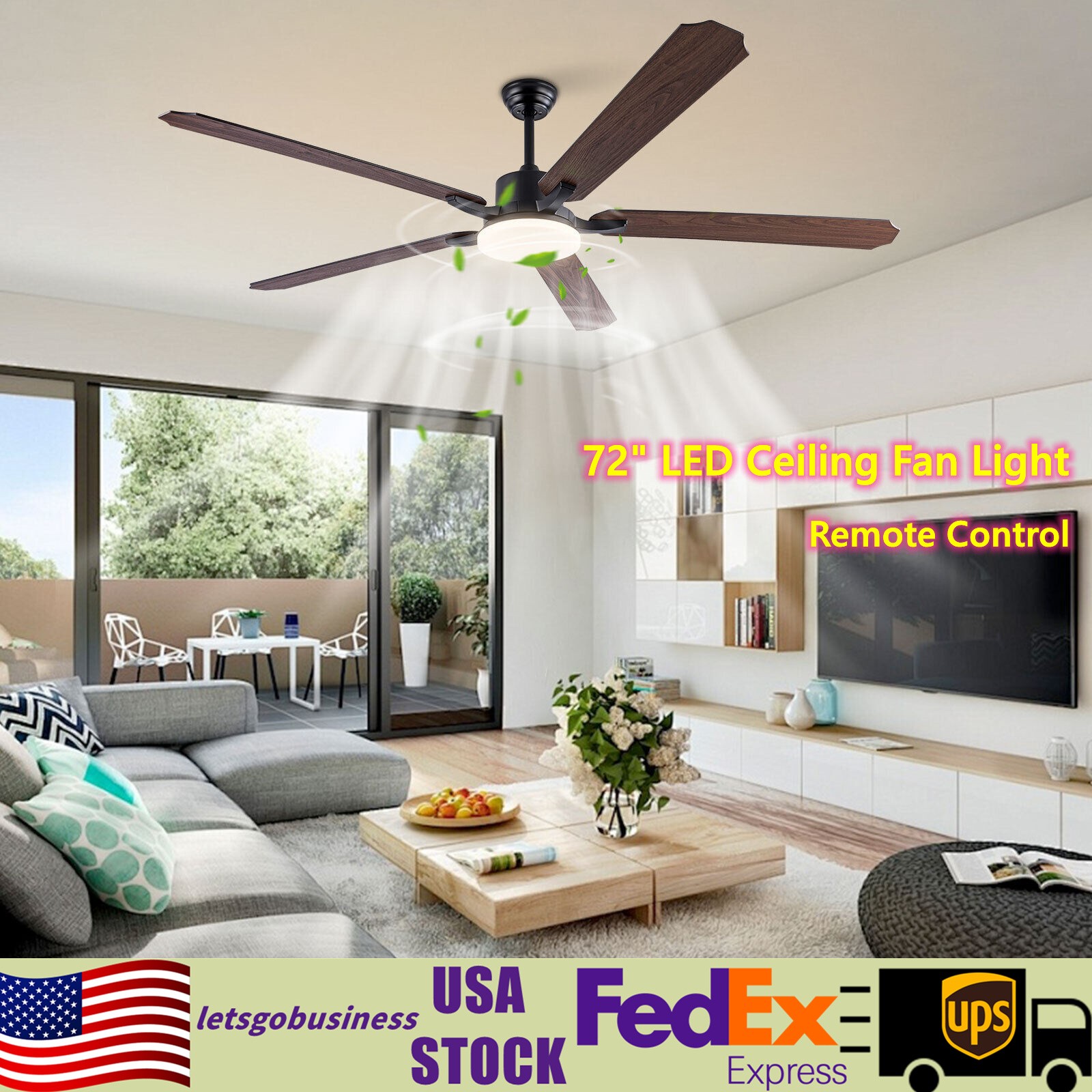 72in LED Ceiling Fan Indoor Ceiling Fan Lamp Light Dimmable W/ Remote Control