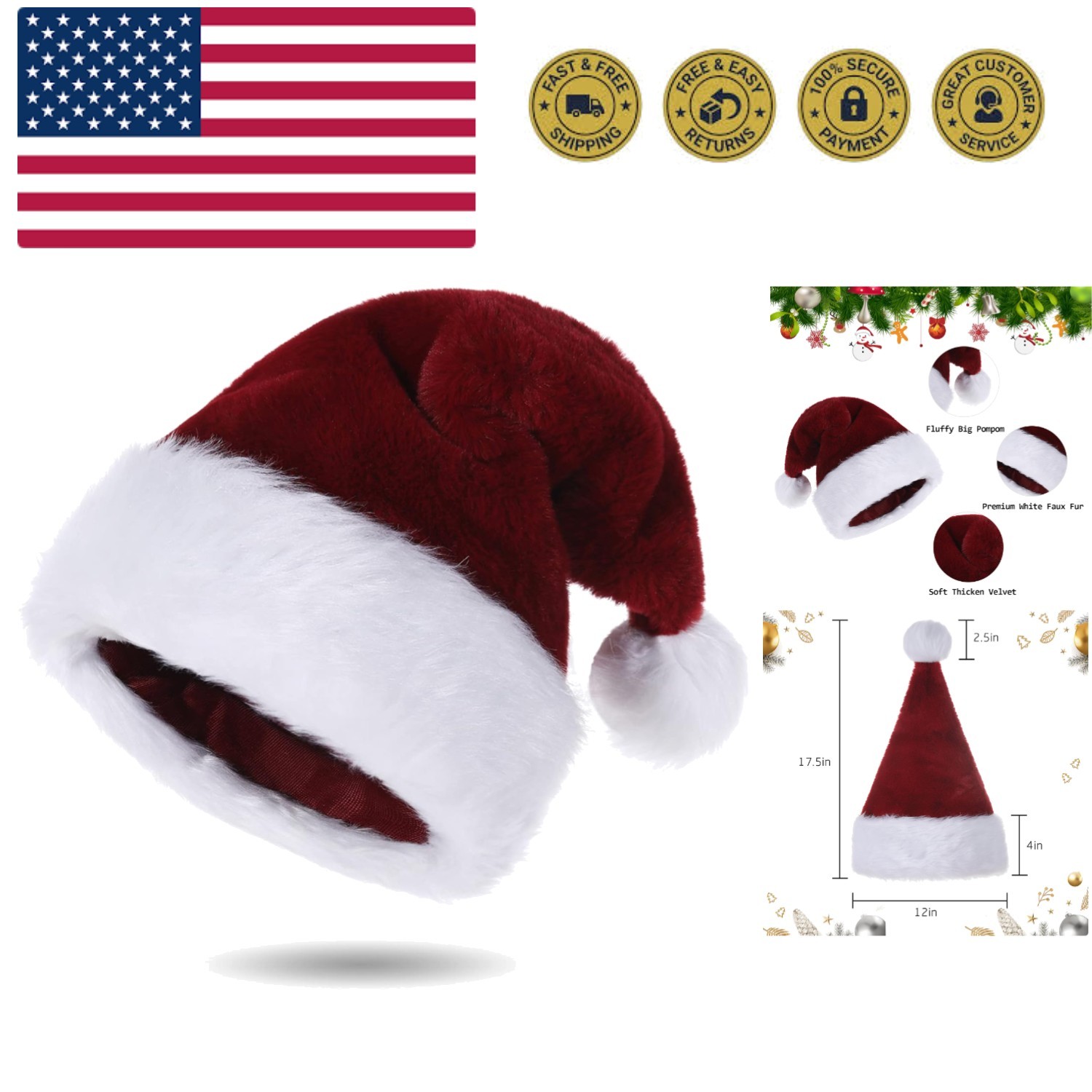 Santa Hats for Adults, Unisex Velvet Touch Comfort Christmas Hats for New  Fe...