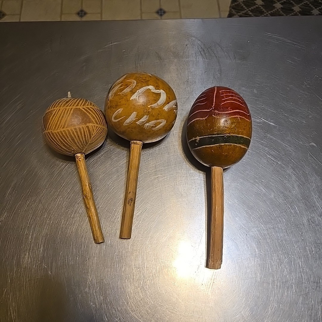 Maracas Percussion Music Gourd Shakers Lot of 3 Hand Made Folk Art