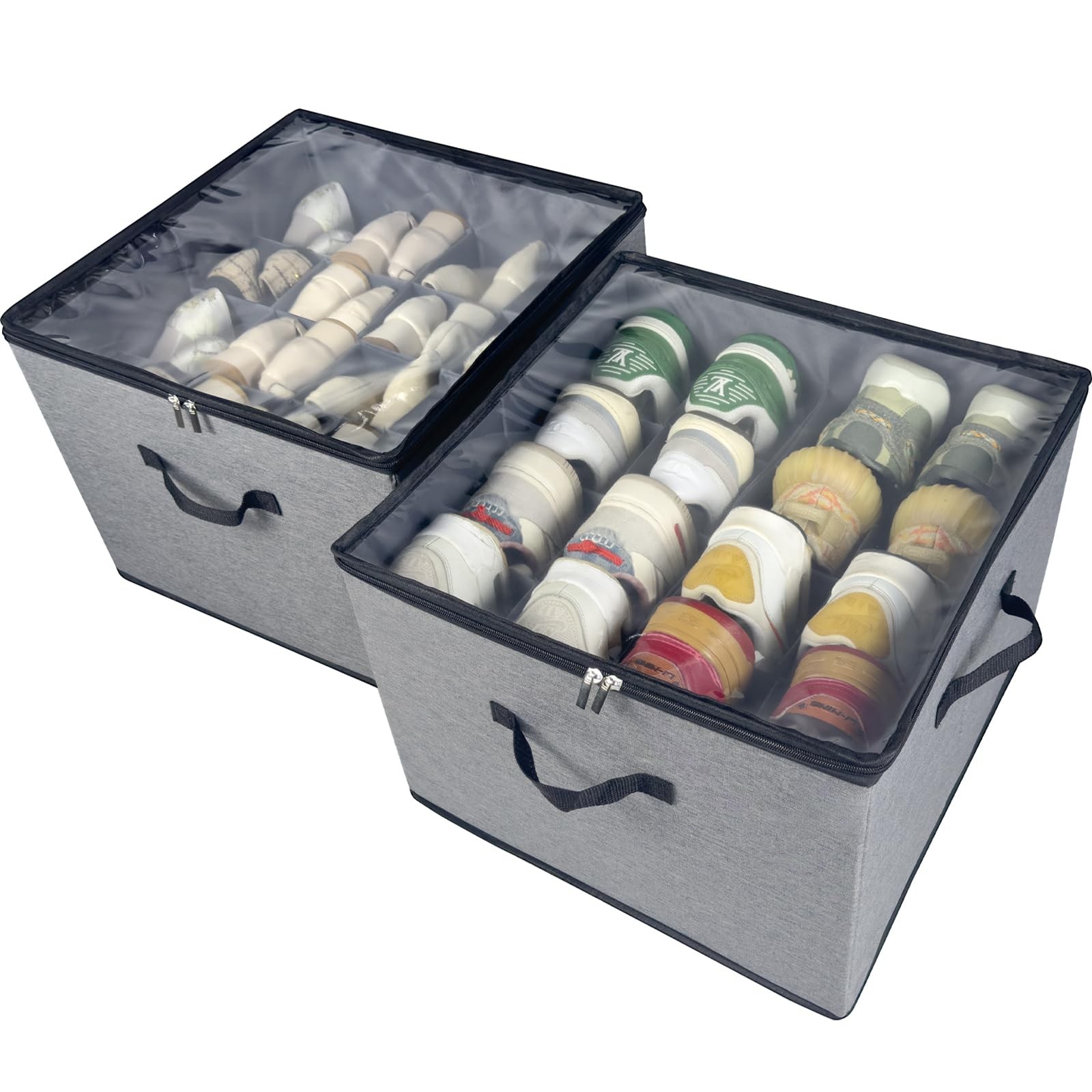 Shoe Organizer Box 2 Pack, Shoe Storage Organizer with Clear Cover, Adjustabl...
