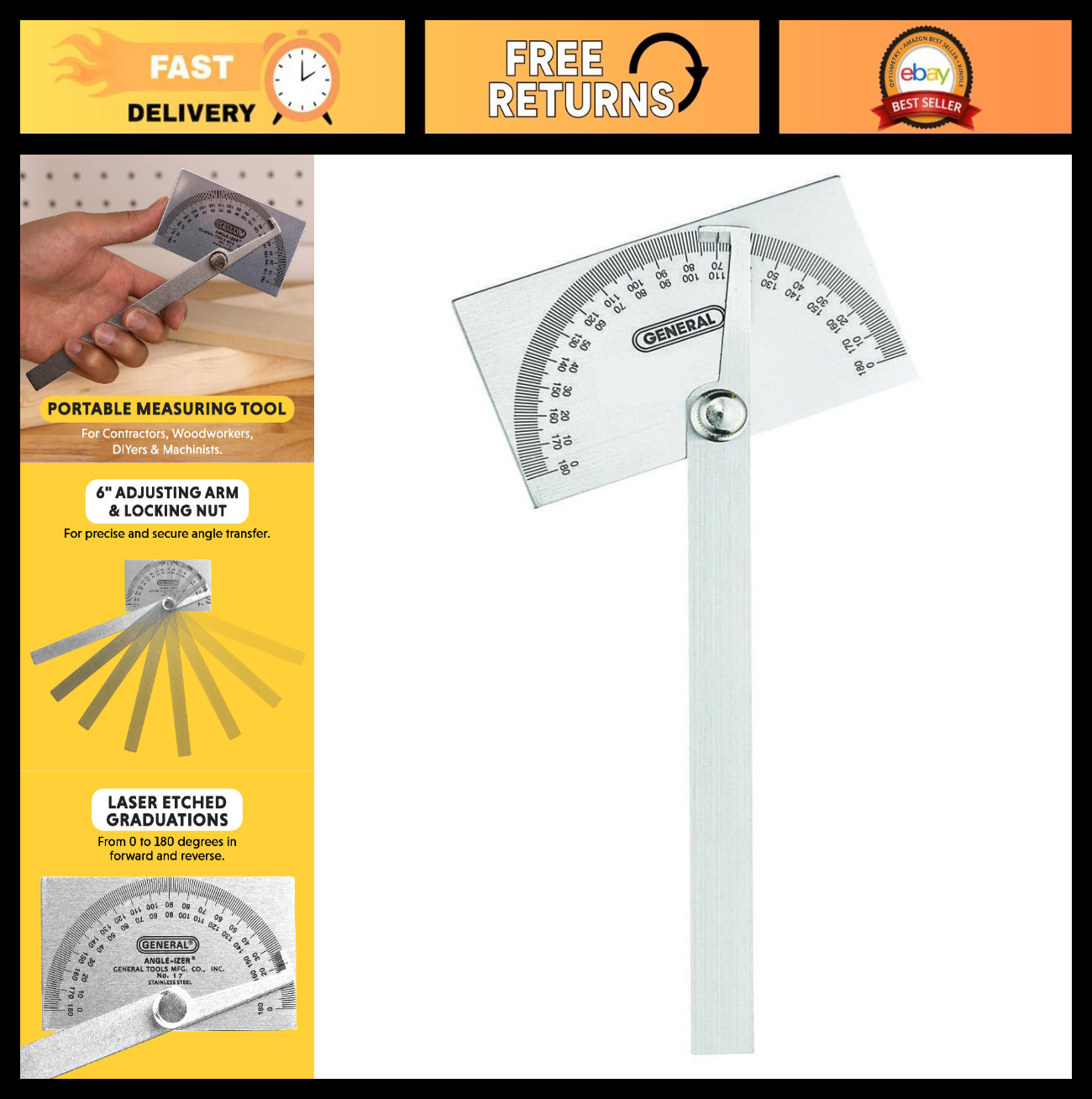 Protractor & Angle Finder Tool for Carpentry, Framing, Woodworking - Square Head
