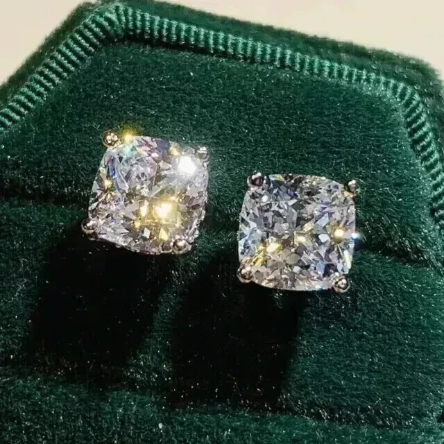 2Ct Cushion Lab Created Moissanite Solitaire Stud Earrings 14K White Gold Plated