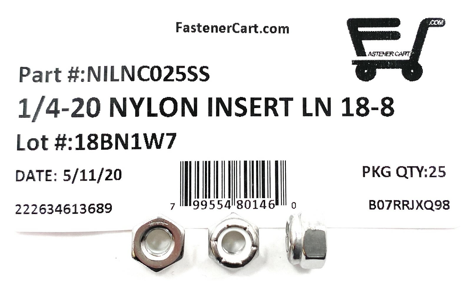 (25) 1/4-20 Stainless Steel Nylon Insert Lock Nuts -Locking Hex Nuts 1/4-20