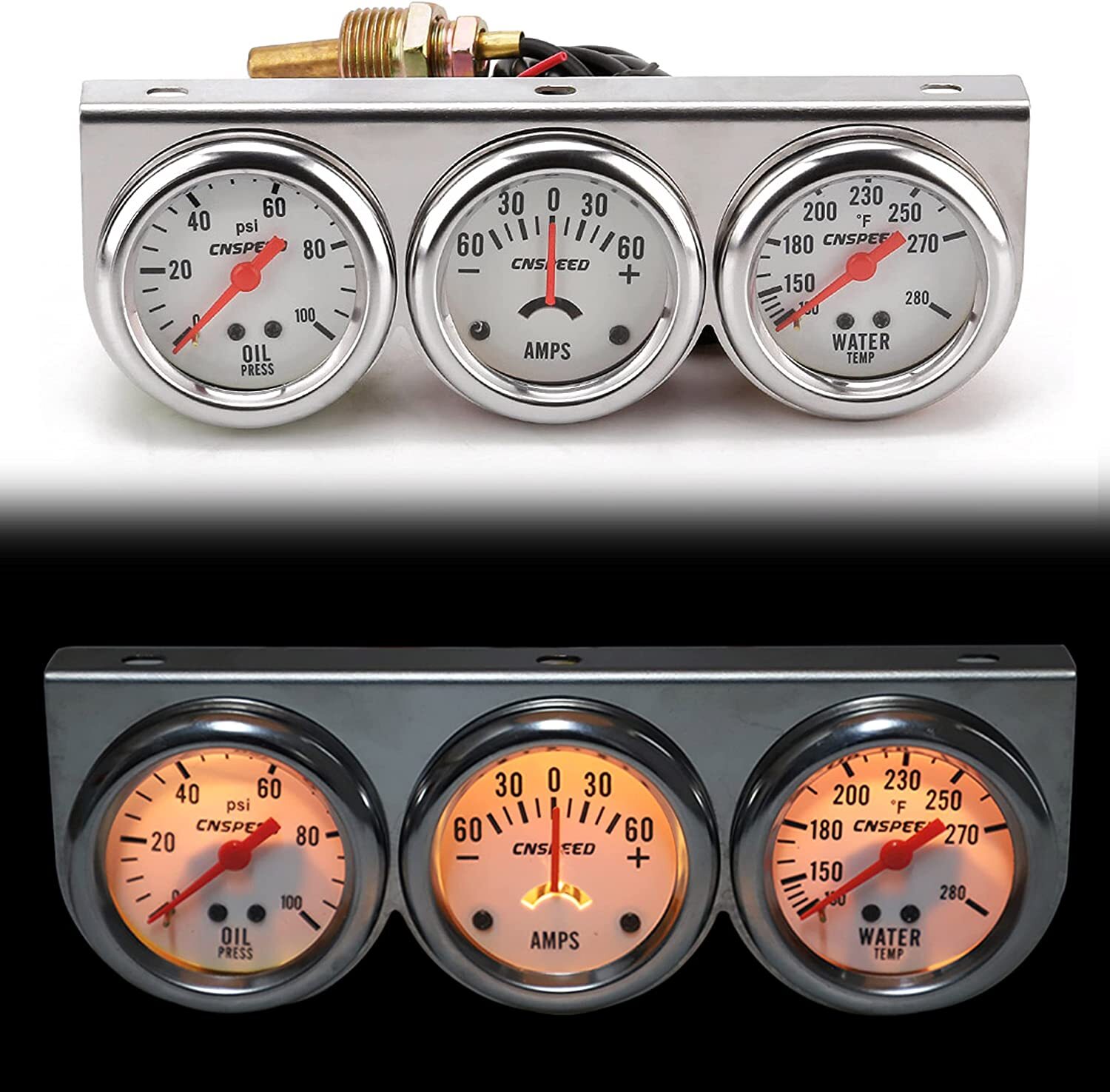 2"52mm Oil Pressure Amp Meter Water Temp Triple Gauge 3 in 1 Set Chrome Gauges
