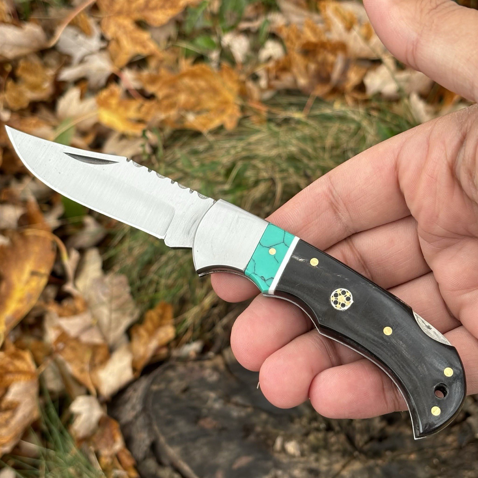 Mosaic Turquoise Buffalo Horn Faux Lockback Pocket Knife Brass Pin Lanyard Hold