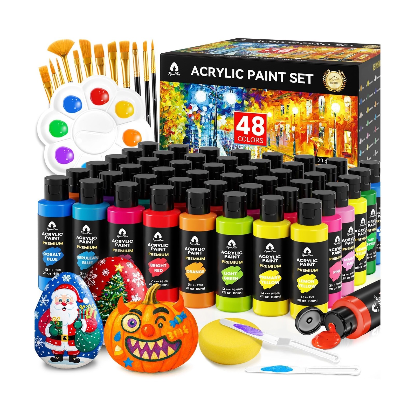 Acrylic Paint Set, 48 Colors, 2oz/60ml Bottles with 12 Brushes, 2 K... Fast Ship
