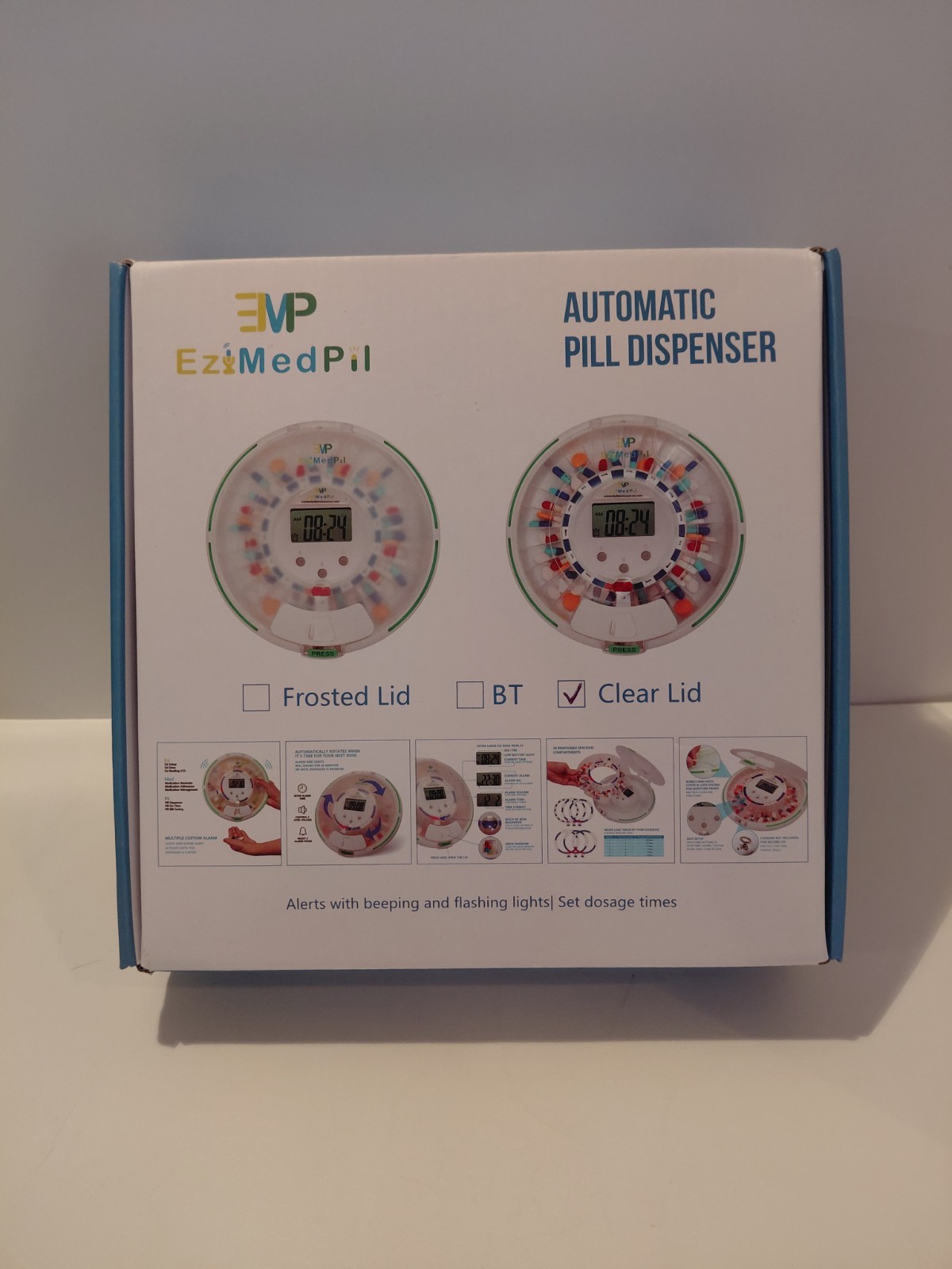 EziMedPil Automatic Pill Dispenser with Alarm, Sound, & Light - Clear Lid