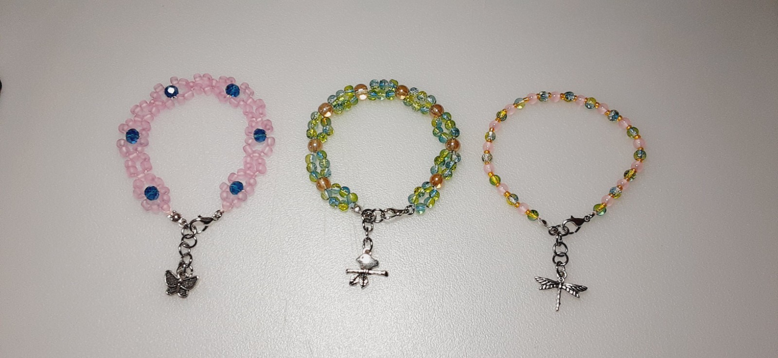 HANDMADE ADJUSTABLE 3PC STAINLESS PINK & TURQUOISE GLASS BEADED BRACELETS