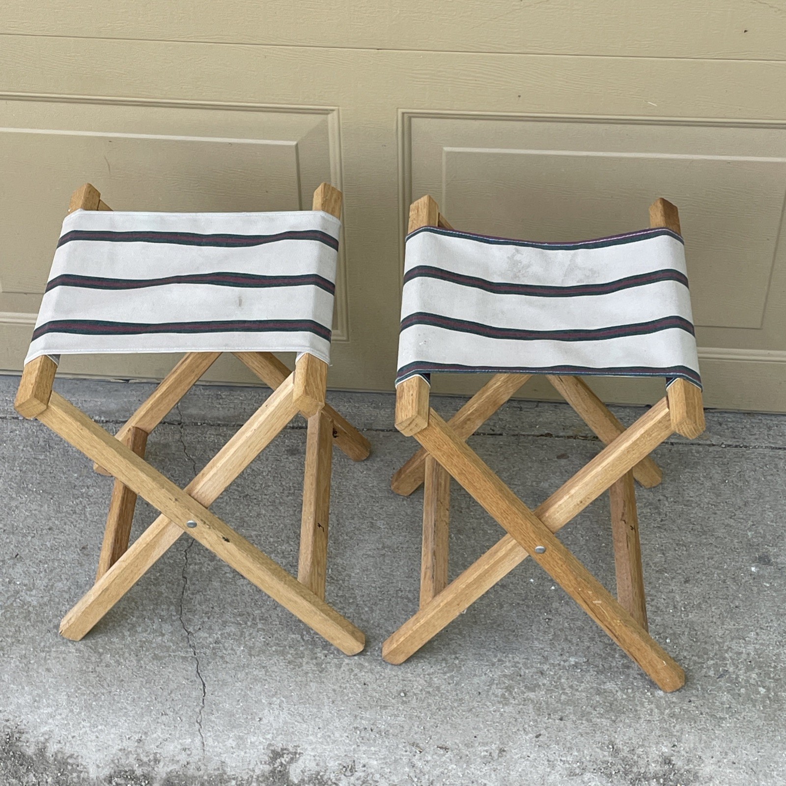 Vintage Folding Camp Stools - Canvas And Wood