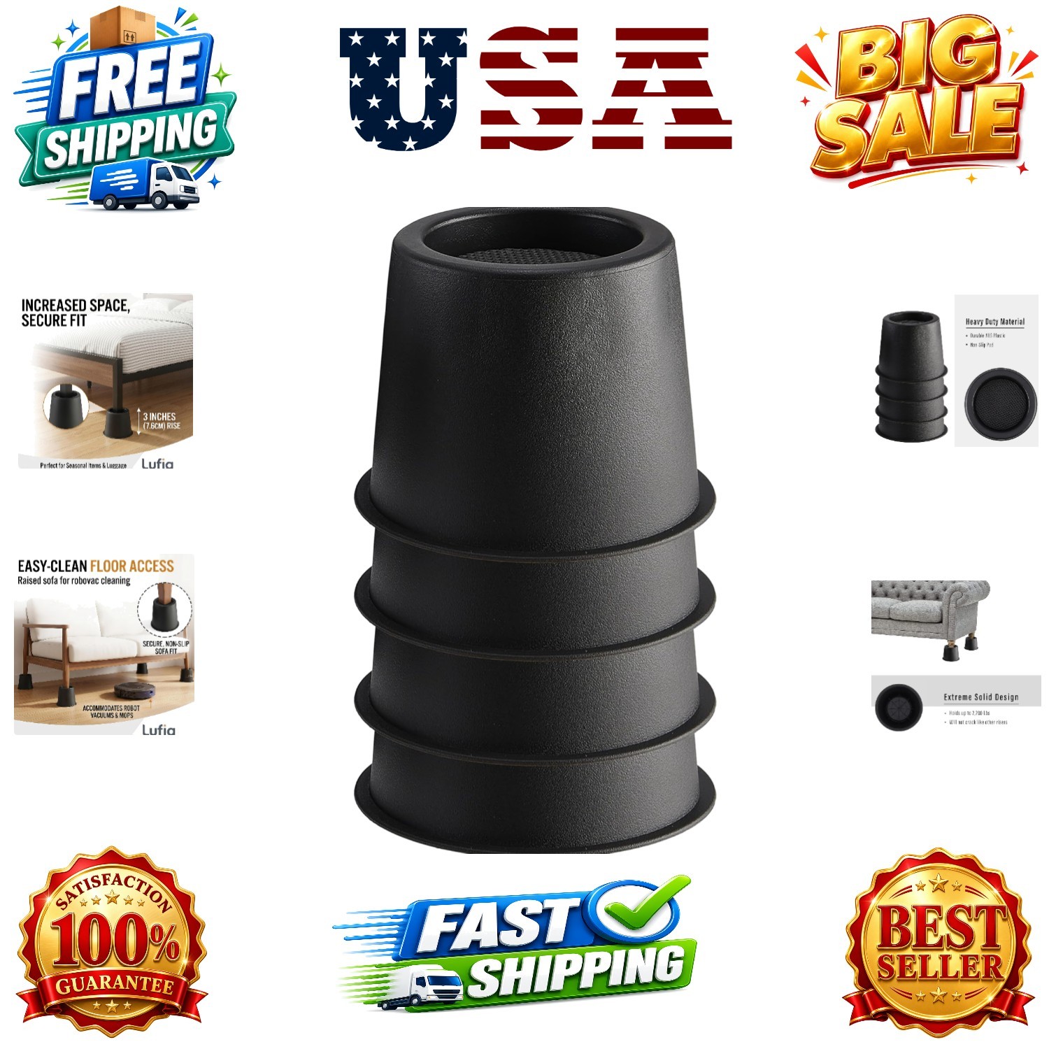 3 Inch Bed Furniture Risers, Heavy Duty Bed Risers with Non-Slip Pad Ideal fo...