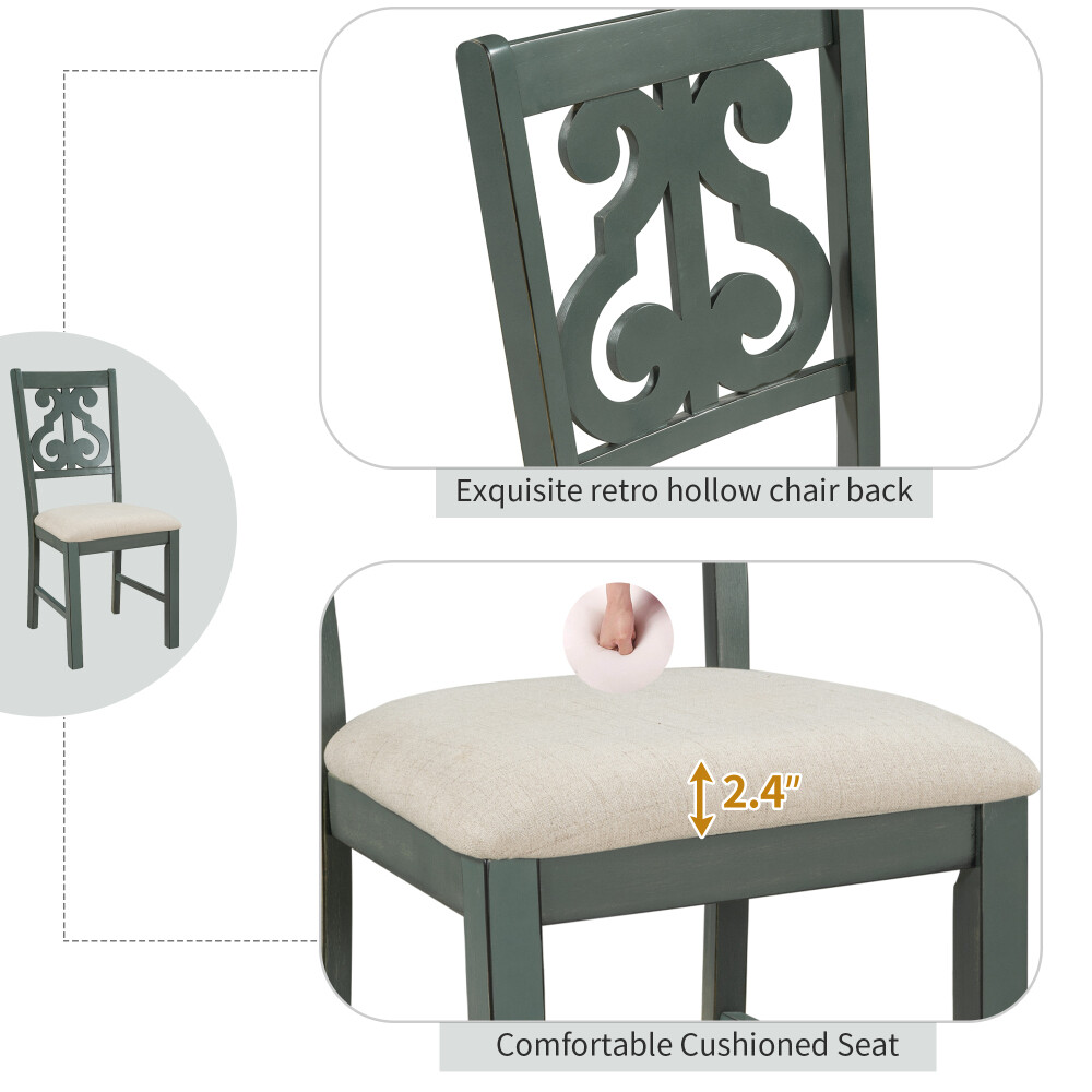 5pc Dining Set Round, Special-Shaped Legs, 4 Fabric Chairs, Antique Blue