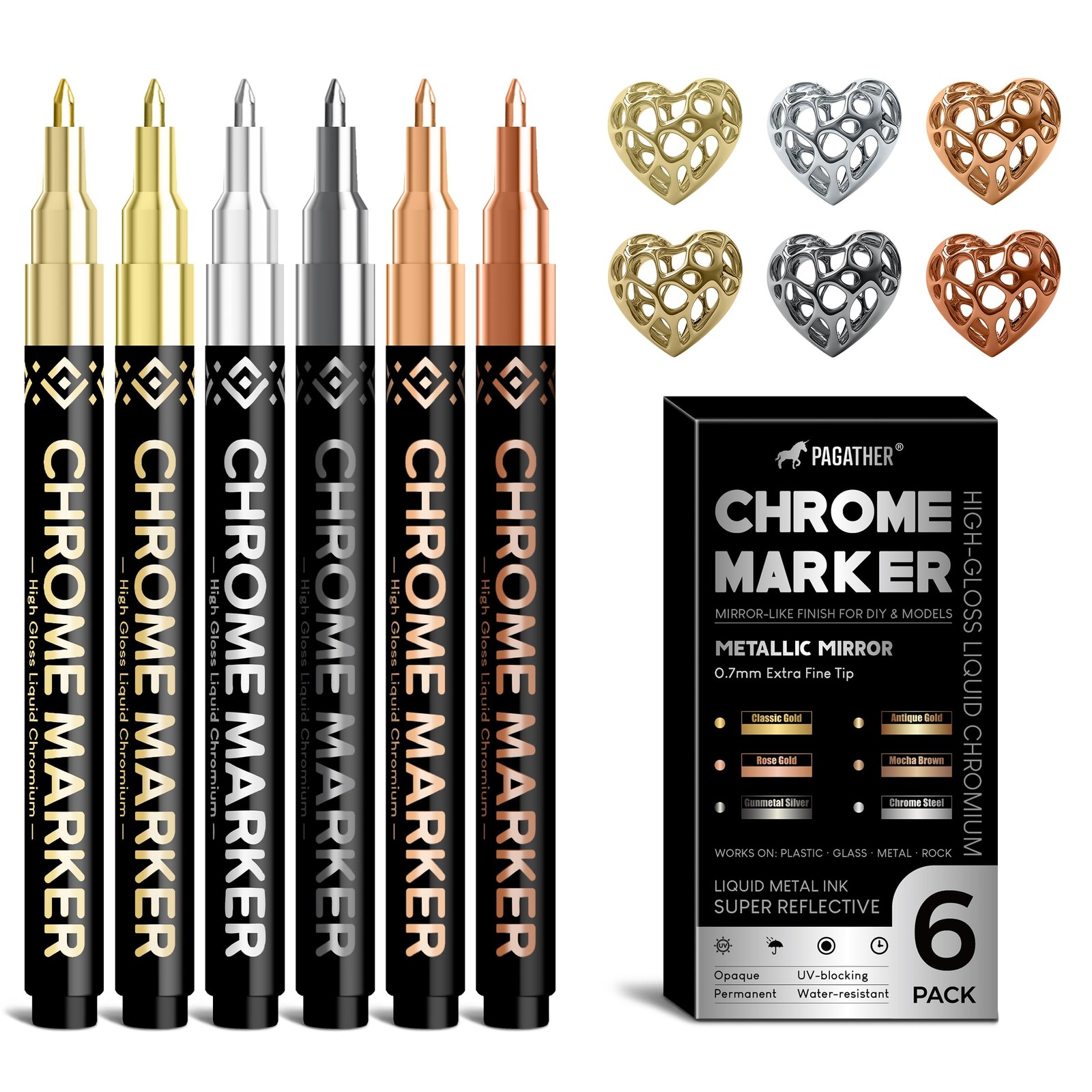 6 Colors Chrome Paint Markers, Permanent Mirror Liquid Chrome Pens for Plasti...
