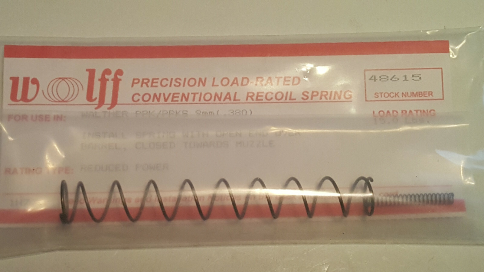 48615 WOLFF FITS WALTHER PPK PPKS 15 LB REDUCED POWER (RP) RECOIL SPRING .380