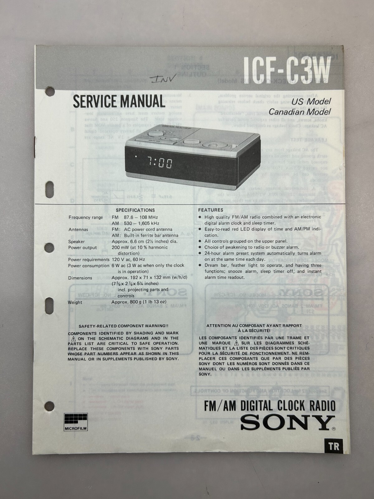 Sony ICF-C3 Original Service Manual Free Shipping