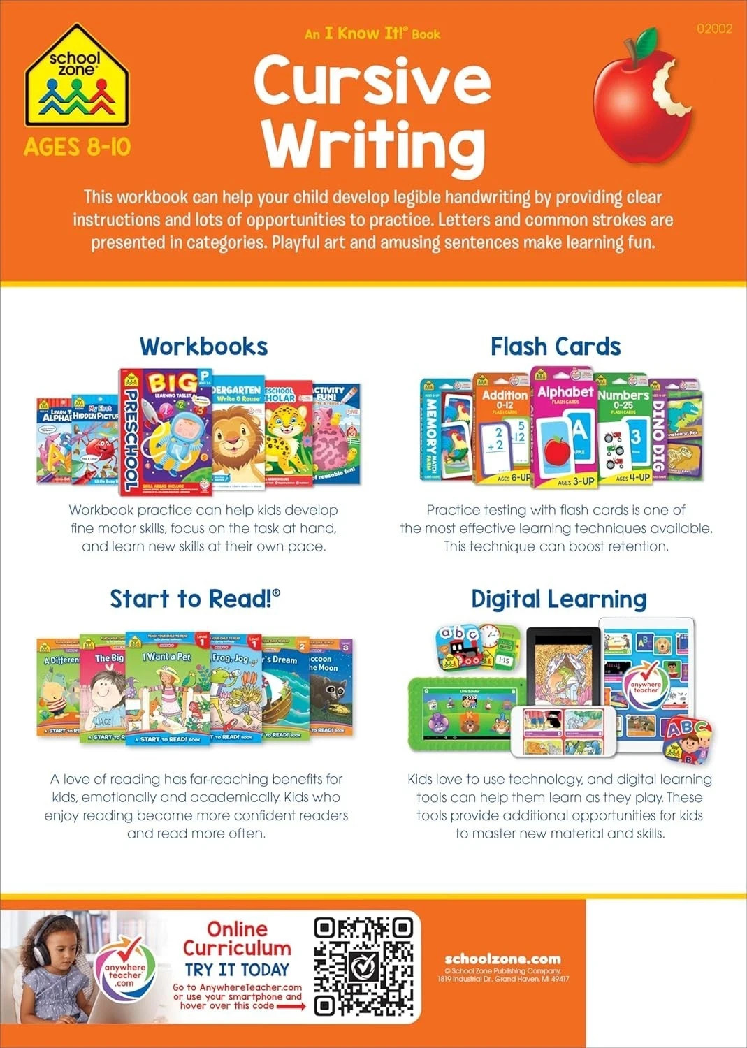 School Zone Cursive Writing Workbook: 32 Pages, 3rd Grade, 4th Grade, Practice H