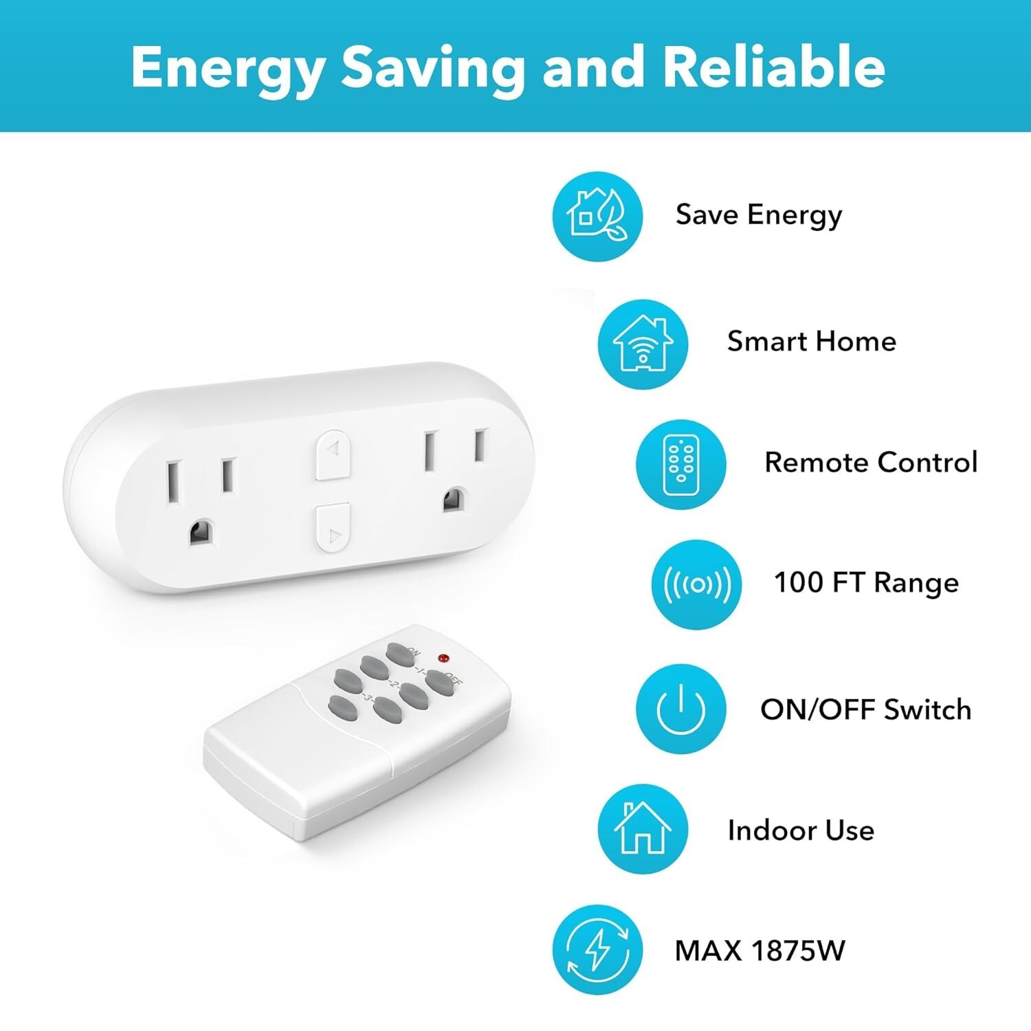 HBN Wireless Remote Control Outlet with 2 Individual Switch Control, 15A/1875W