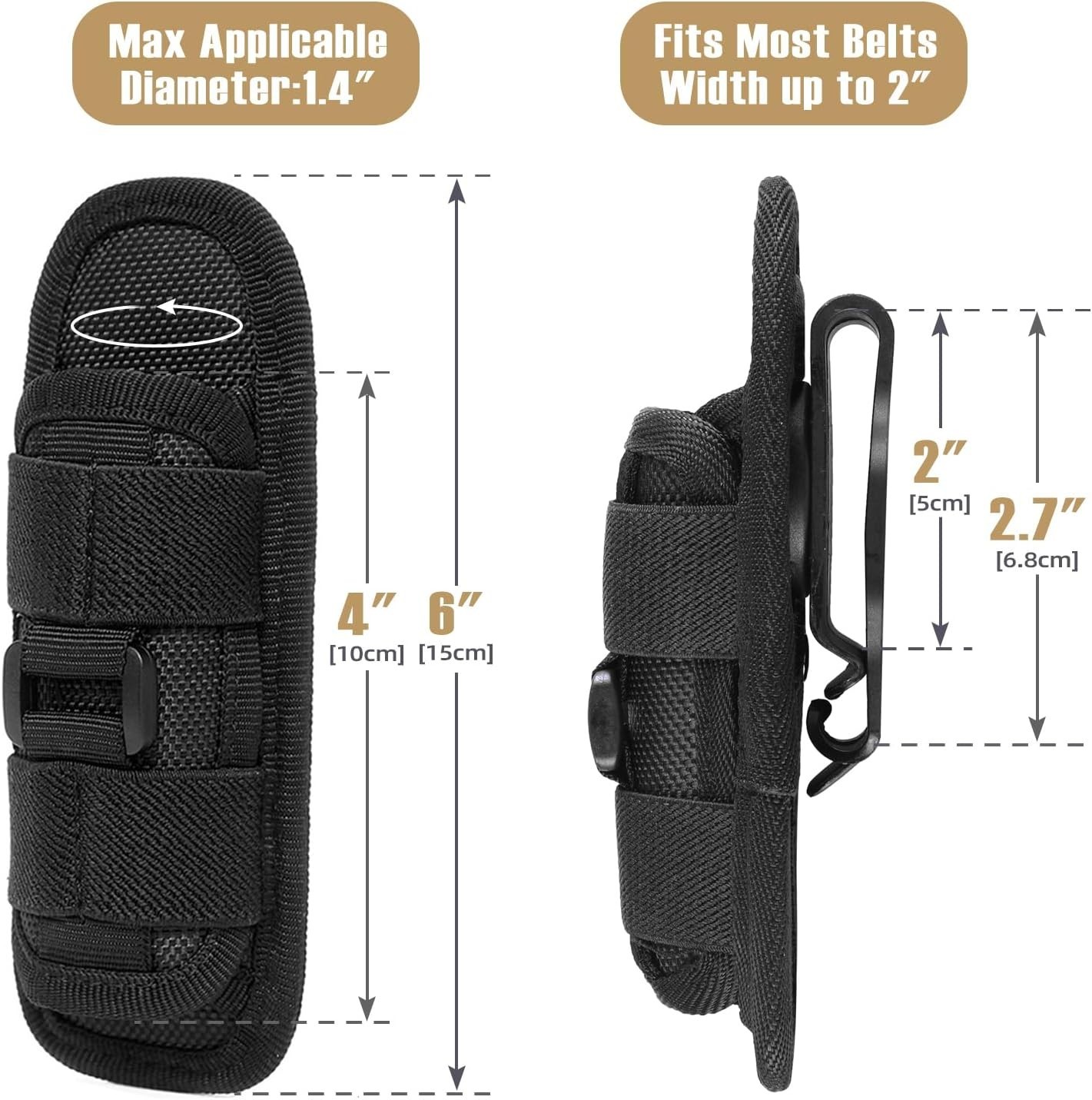 Heavy-Duty Tactical Flashlight Holster with 12 Position Clips for Versatility
