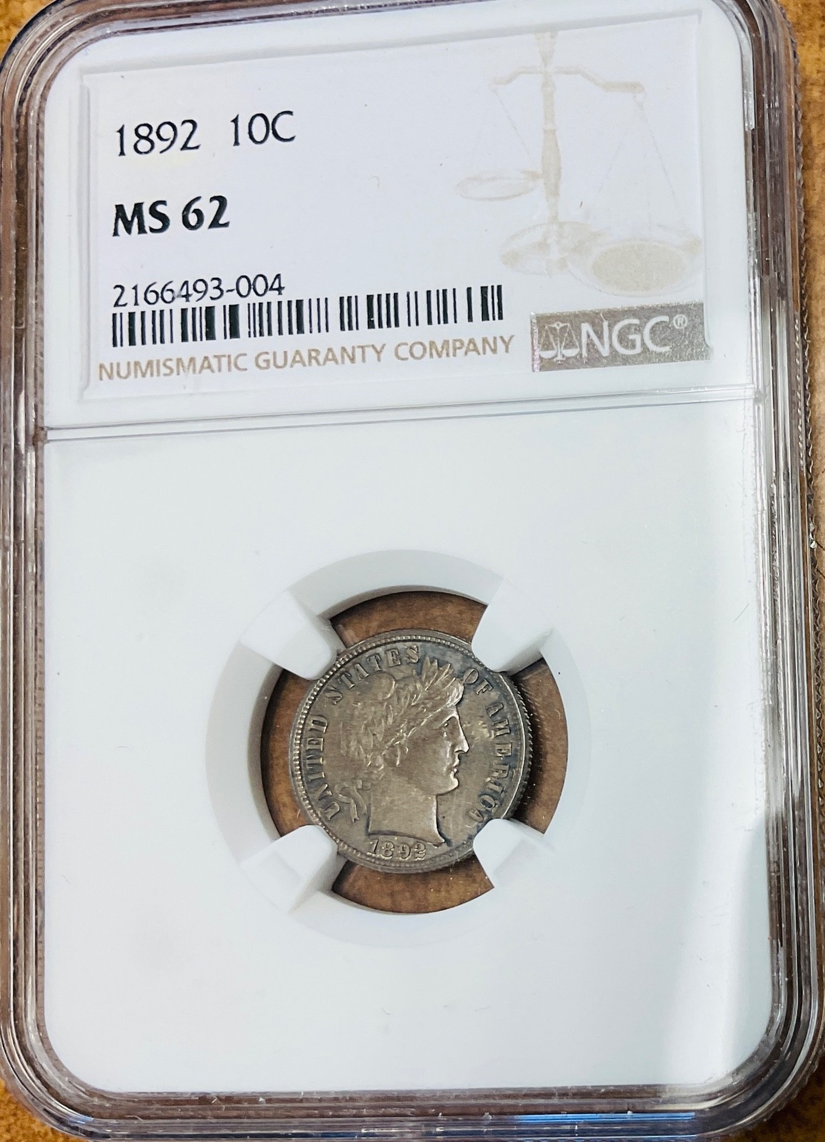 1892 10C Barber Dime- PCGS MS62 nice patina.