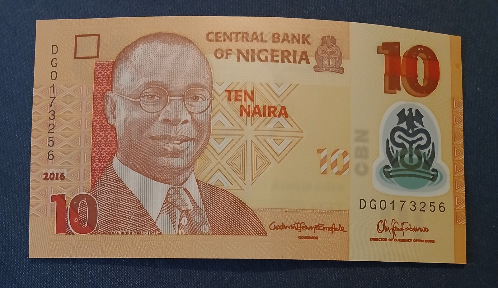 NIGERIA - 2016 - 10 NAIRA - BANKNOTE - DG0173256 - CIRCULATED