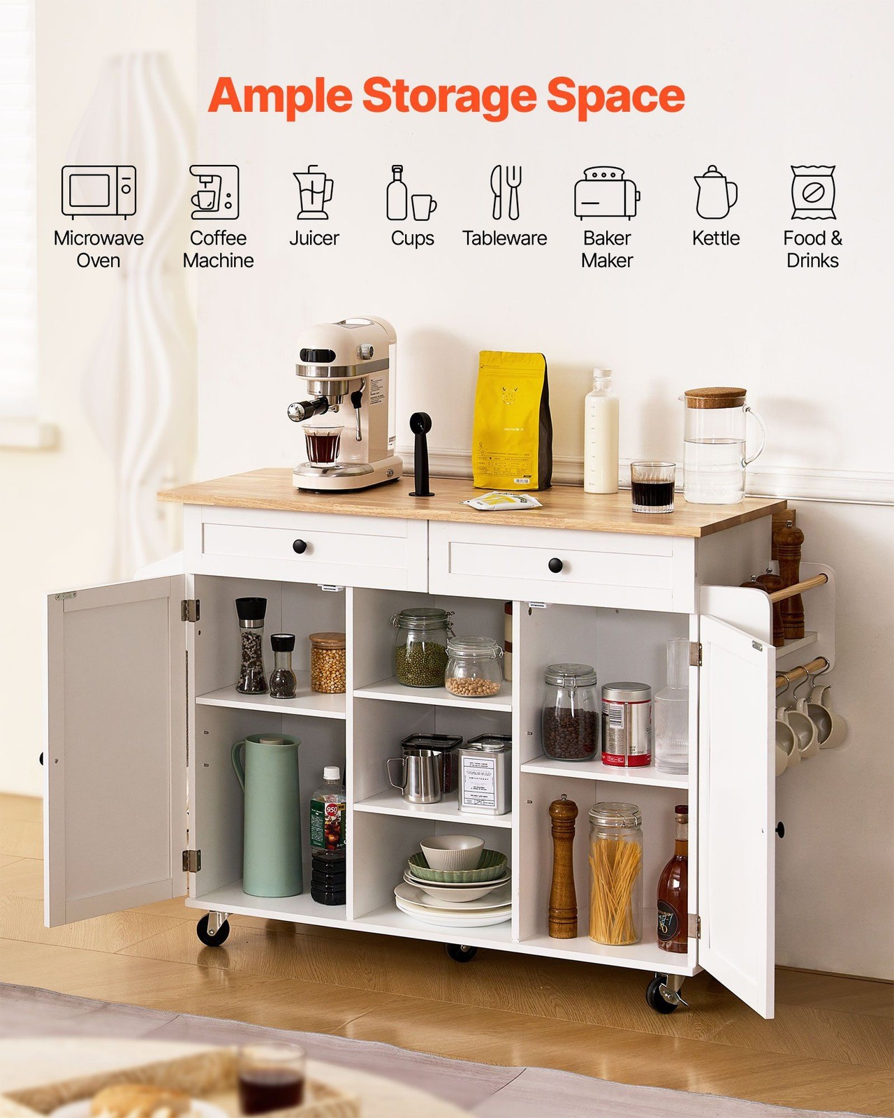 52in Rolling Kitchen Island Cart Storage Cabinet Table with Drawer & Drop Leaf