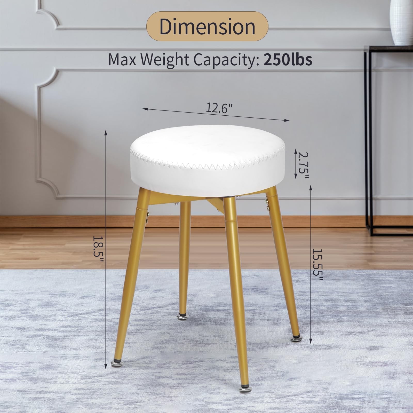 White Gold 360 Swivel Vanity Stool Round Faux Leather Ottoman Metal Legs