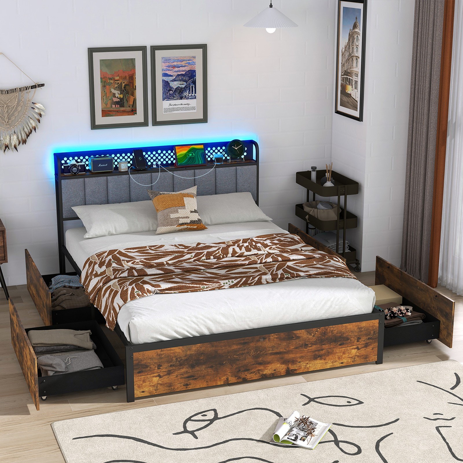 Topbuy LED Bed Frame Twin/Full/Queen Size w/ Charging Station Upholstered