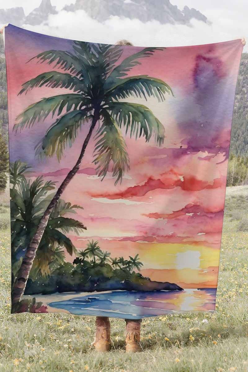 Tropical Palm Tree Sunset Coral Fleece Cozy Throw Blanket Boho Stunning