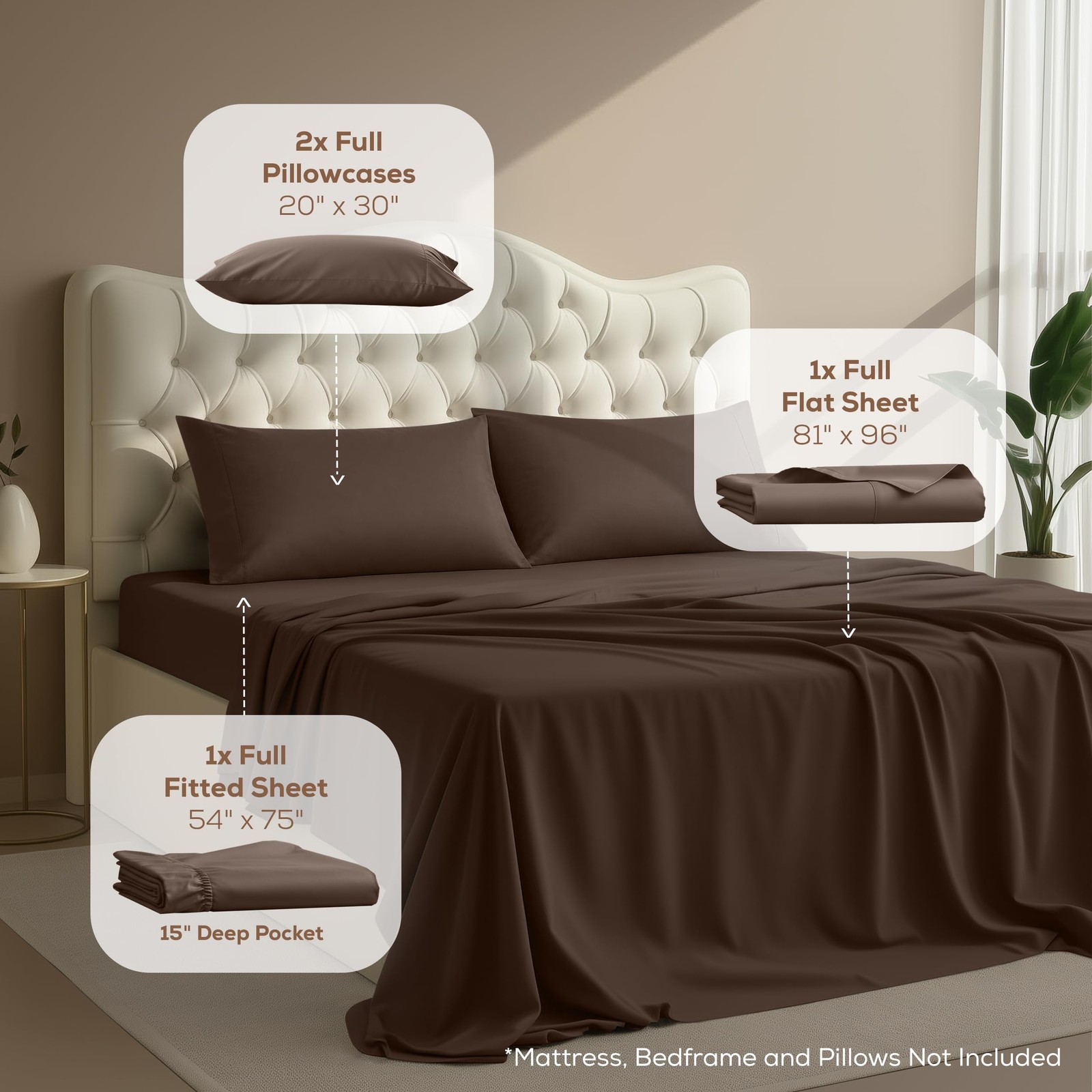 Full Sheets Set, 4 Pieces 16" Deep Pocket Hotel Luxury Bed Sheets, Brown