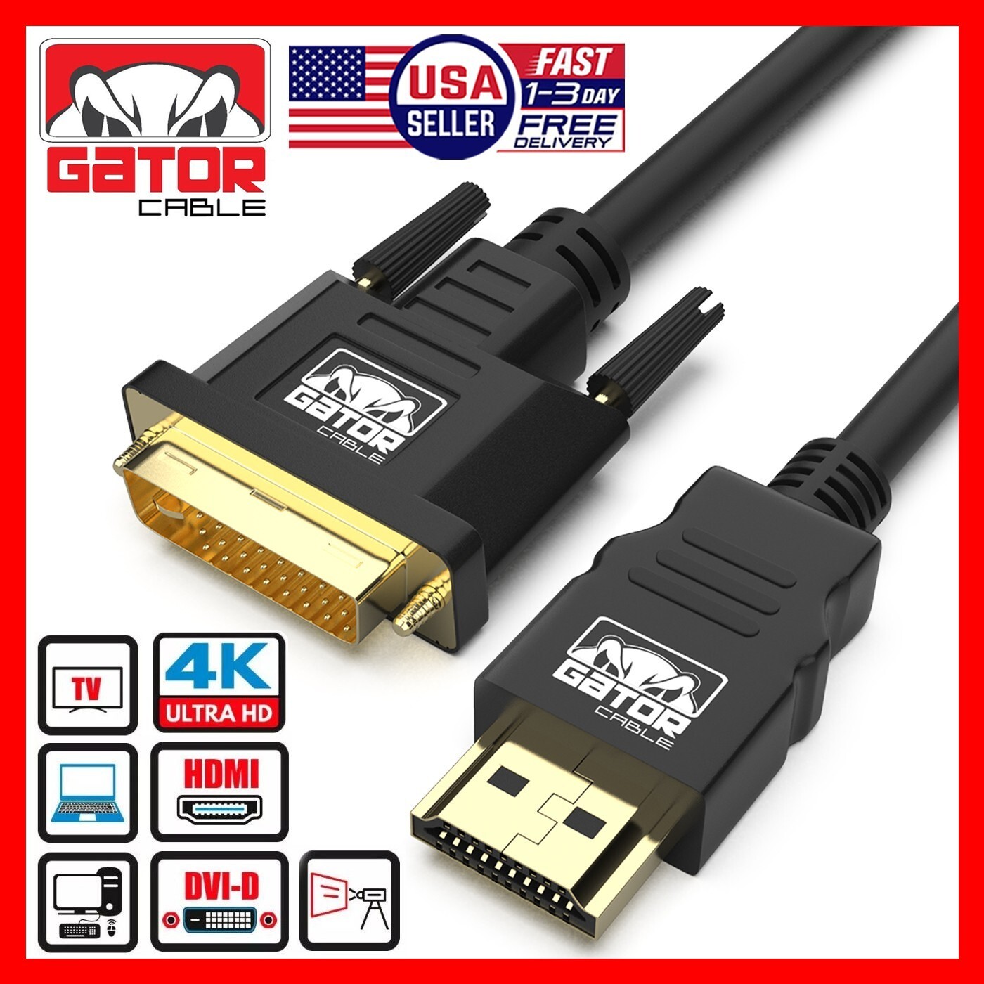 DVI to HDMI Cable Male To Male HD Laptop PC 1080P Monitor Cord HDTV Projector
