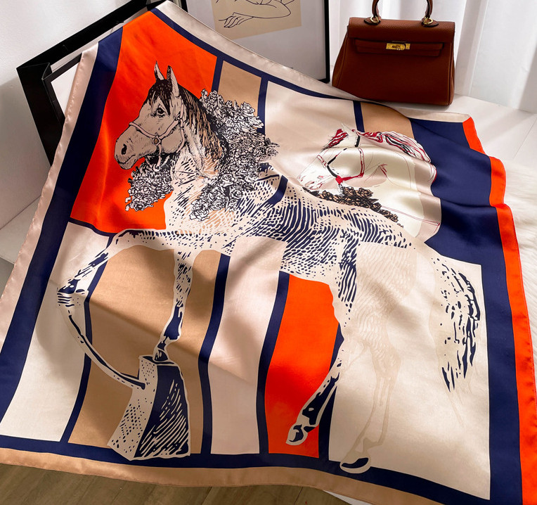 100% Silk Scarf Women Vintage war-horse Print Neckerchief Bandana 90*90cm NEW