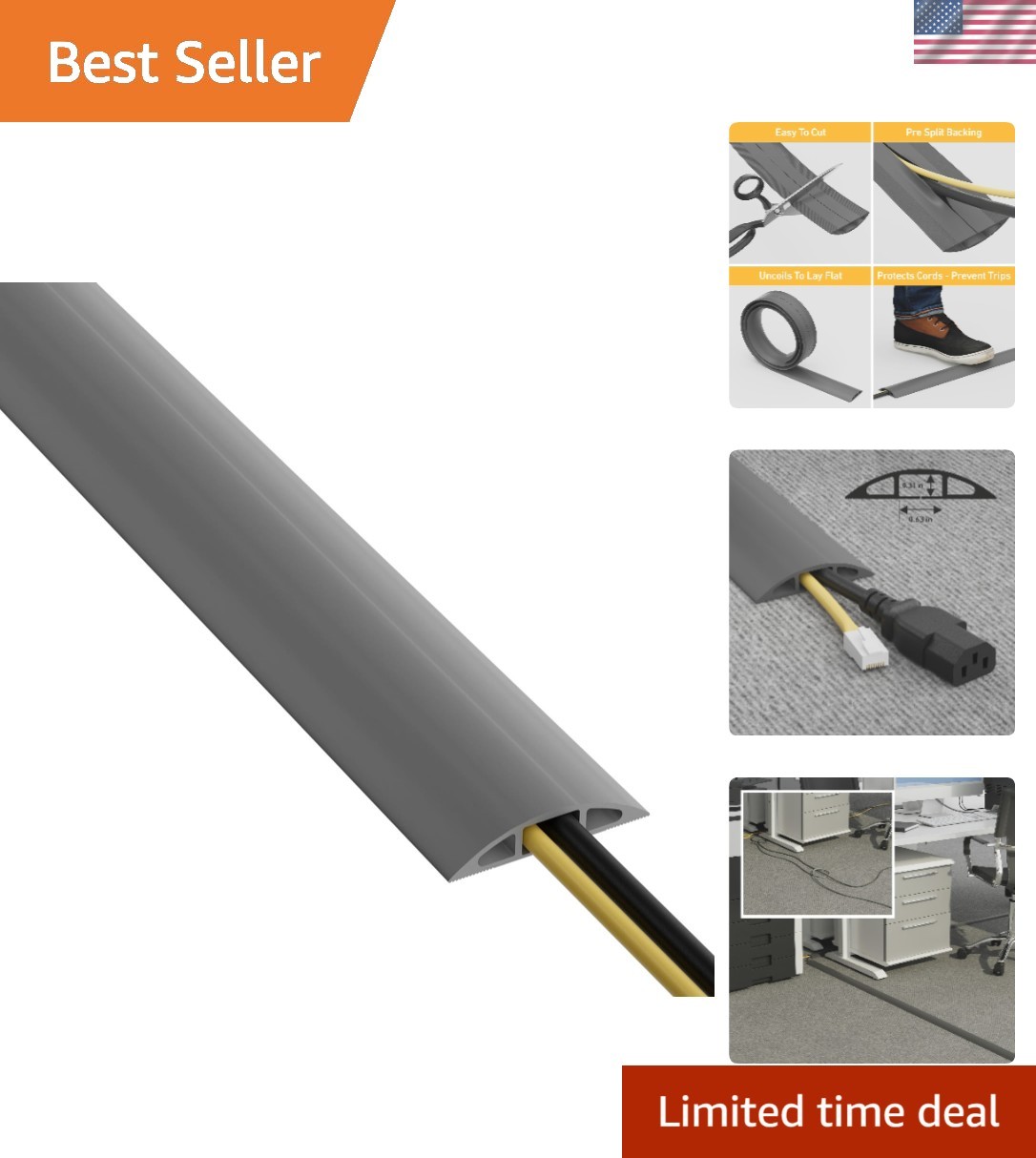 Cable Protector, 1/2 in H, 6 ft L, 2-3/8 in W, 1 Channel, PVC, Gray CC-4-1 Each
