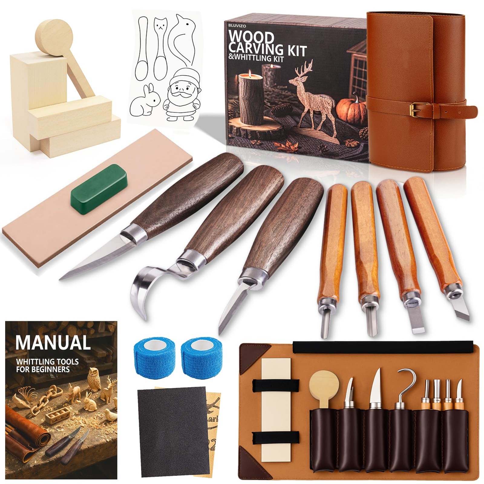 Wood Carving Kit Whittling Kit Deluxe Wood Carving Tools Knife Set with Leath...