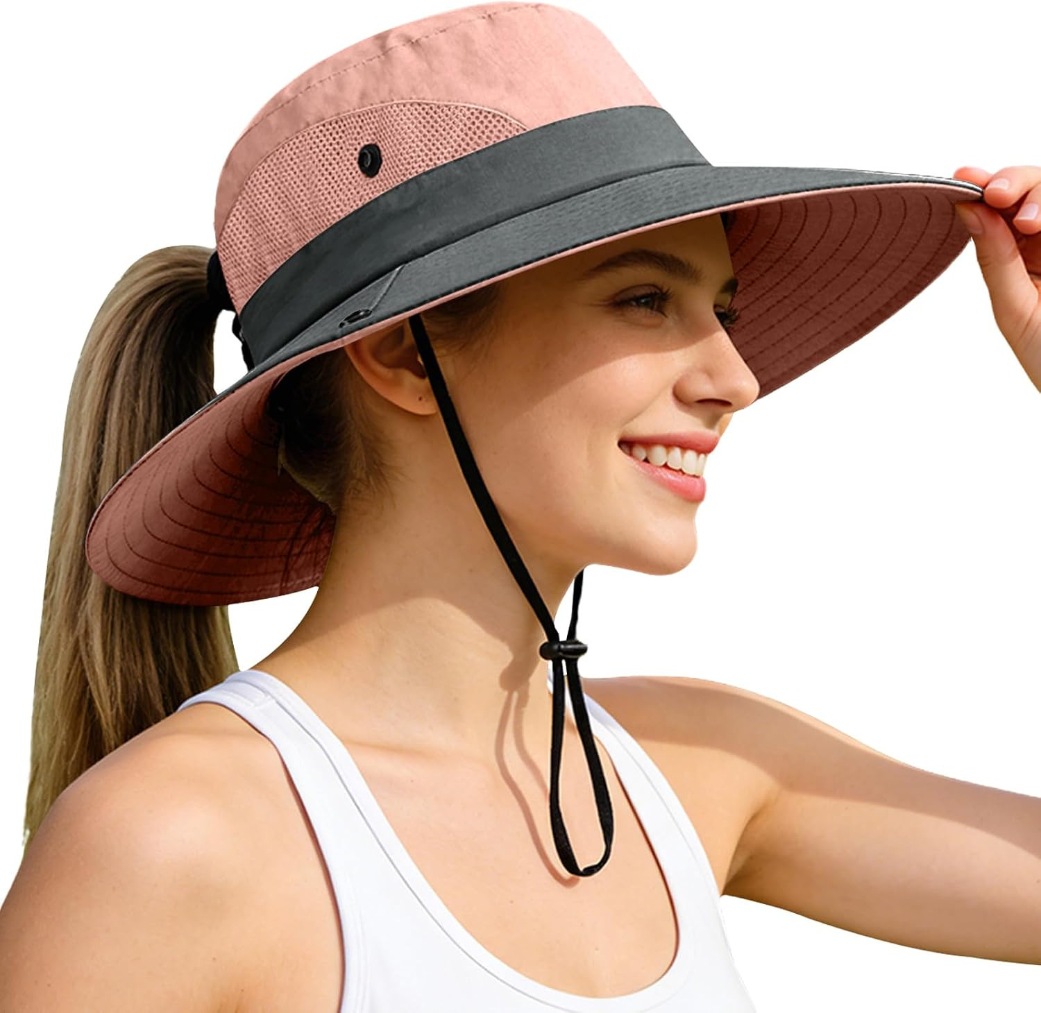 Ponytail Sun Bucket Hats for Women UV Protection Foldable Mesh Wide Brim Hiking