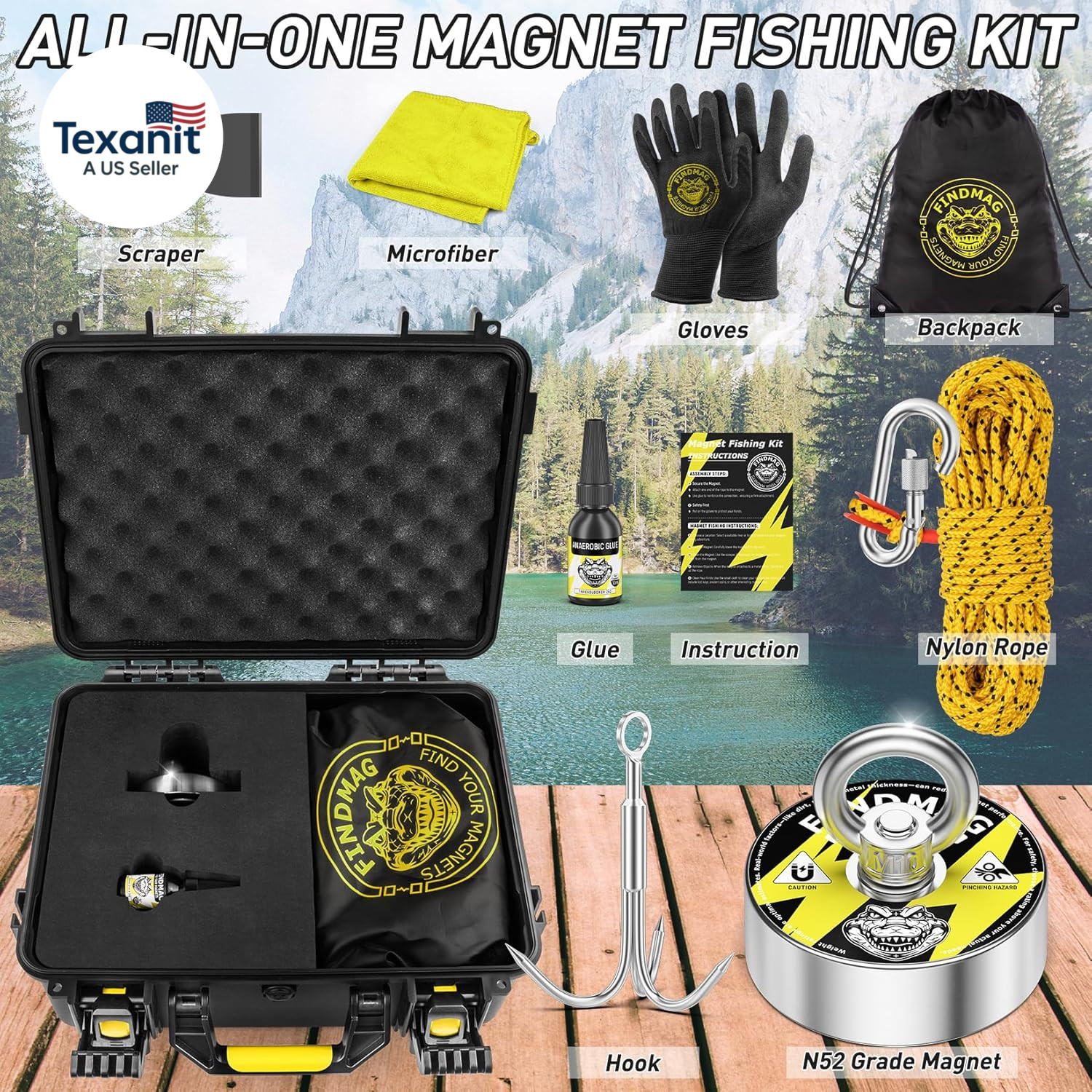 Double Sided 1000 Lbs Pulling Force Magnet Fishing Kit with Case, 2.95" Diameter