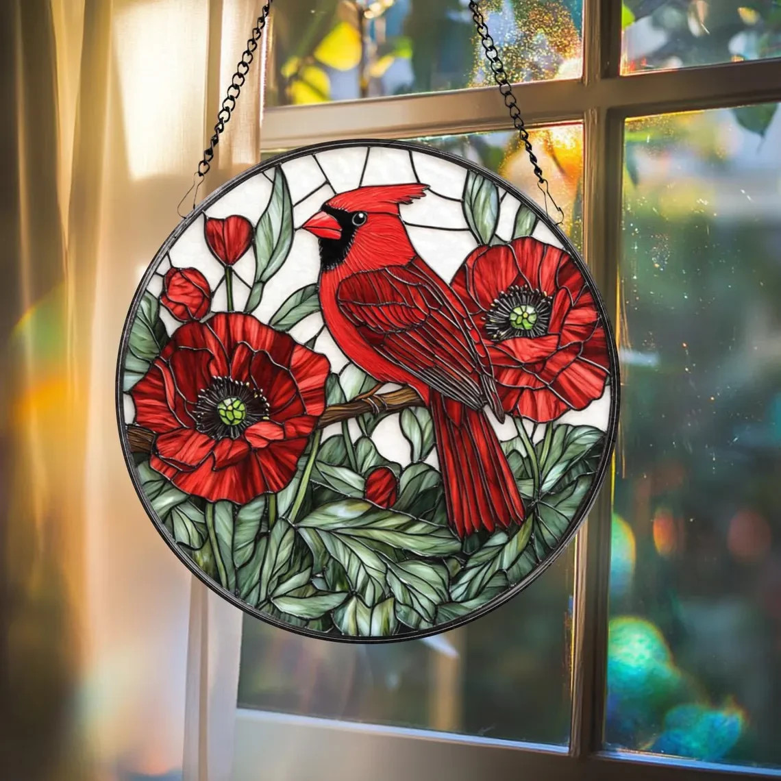 Personalized Cardinal & Poppy Stained Glass Suncatcher, Decor Gift