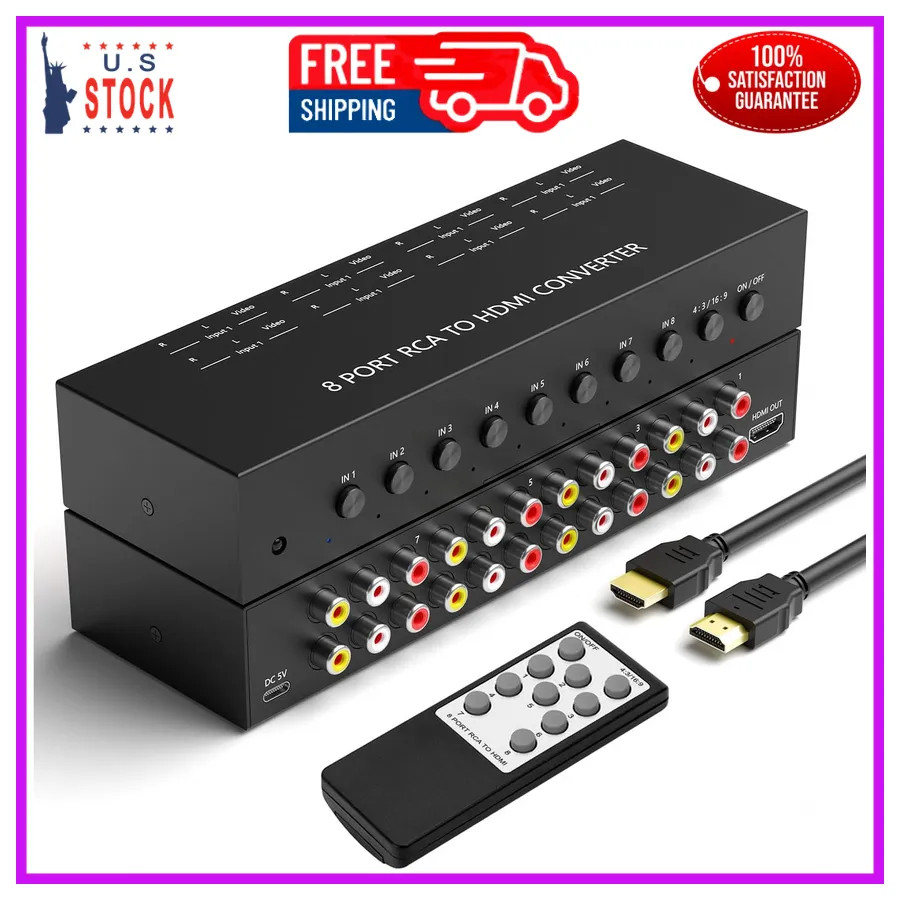 8 Port RCA Composite AV to HDMI Converter 1080P Switch with Remote for Retro...