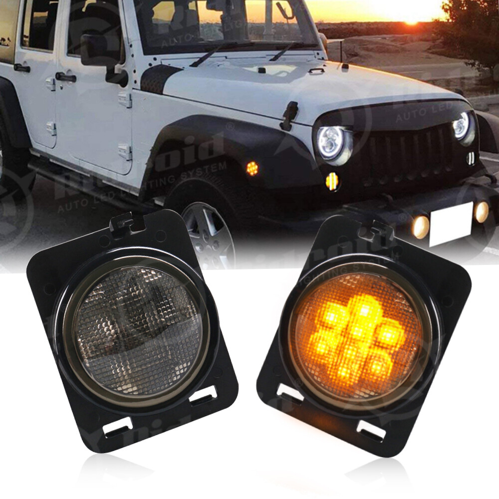LED Side Marker Fender Lights Amber Smoked Lens For Jeep Wrangler JK 2007-2018
