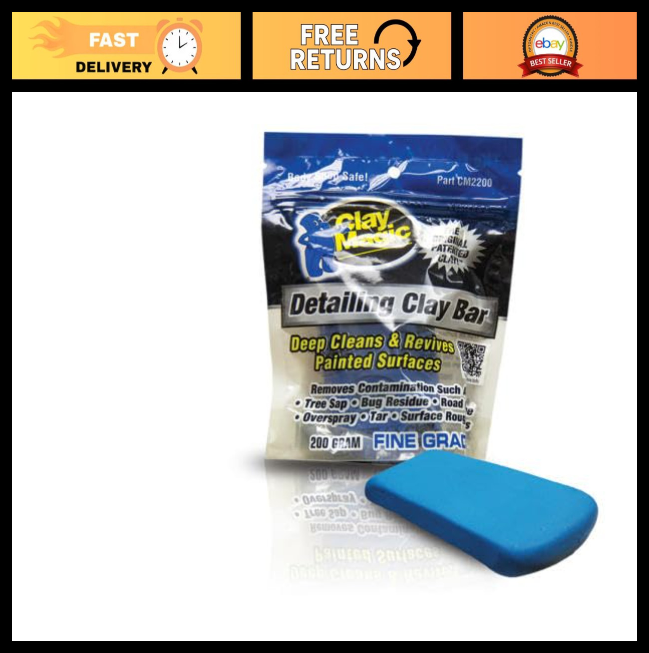 Blue Clay Bar for Glass, Chrome & Fiberglass - Fine Grade Auto Detailing 200g
