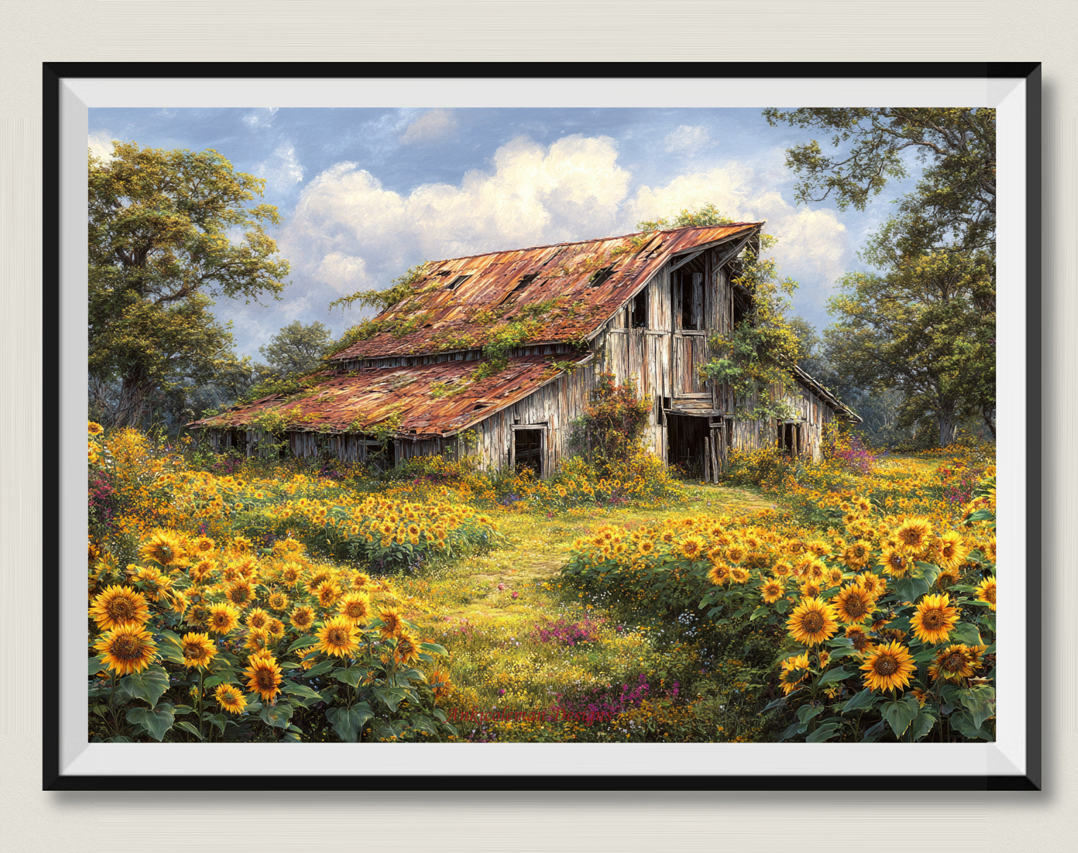 Old Barn in Sunflowers Field 2 -  DIY Counted Cross Stitch Patterns Needlework
