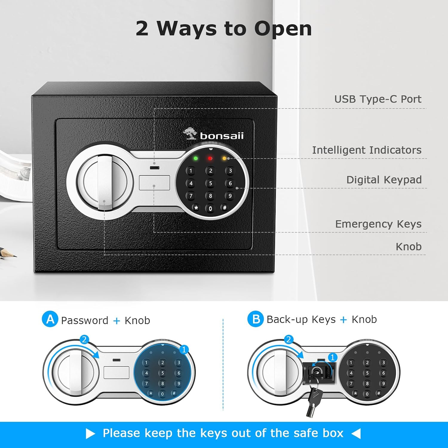 Safe Box with Electronic Keypad, Steel Security Lock Box with Key, 0.23 Cubic Fe