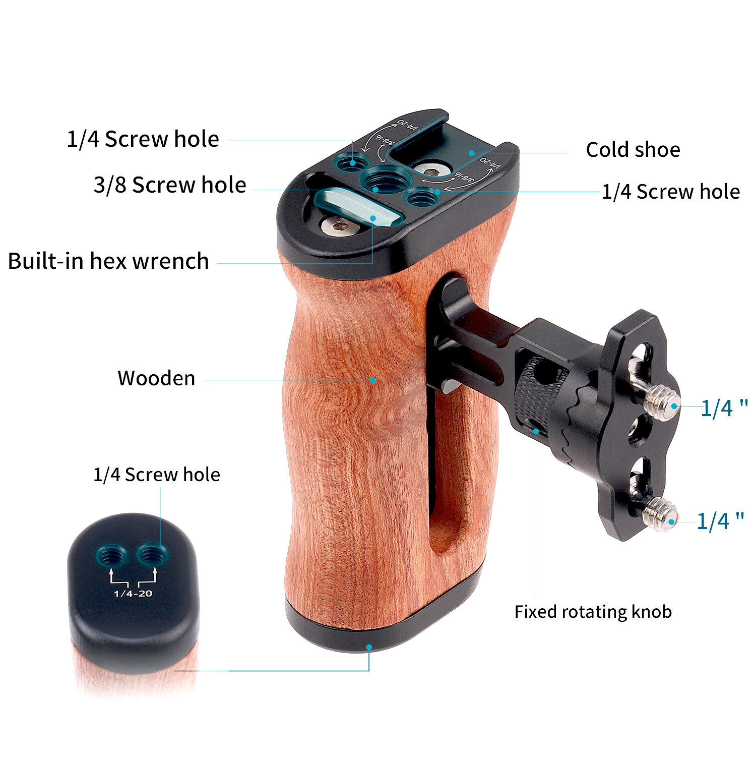 Wooden Side Handle Grip w/ cold shoe QR Mount for Mirrorless Camera Cage Rig