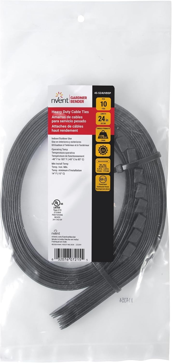 Extreme Strength 10-Pack 24-Inch Cable Ties, 175 lb Tensile, UV Black