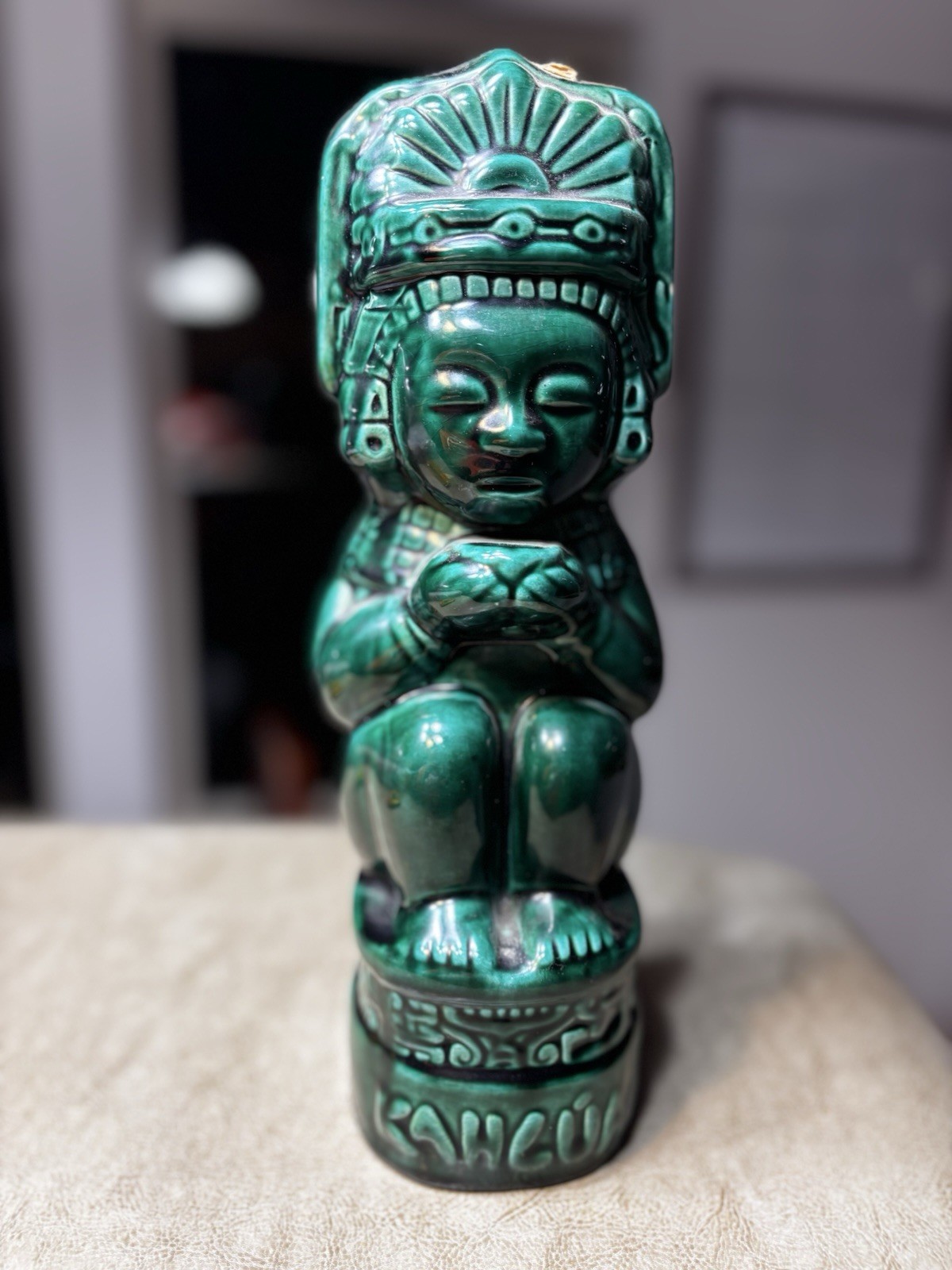 Vintage Kahlua Mayan Aztec Figural Ceramic Decanter Green Mexico Empty 757cc