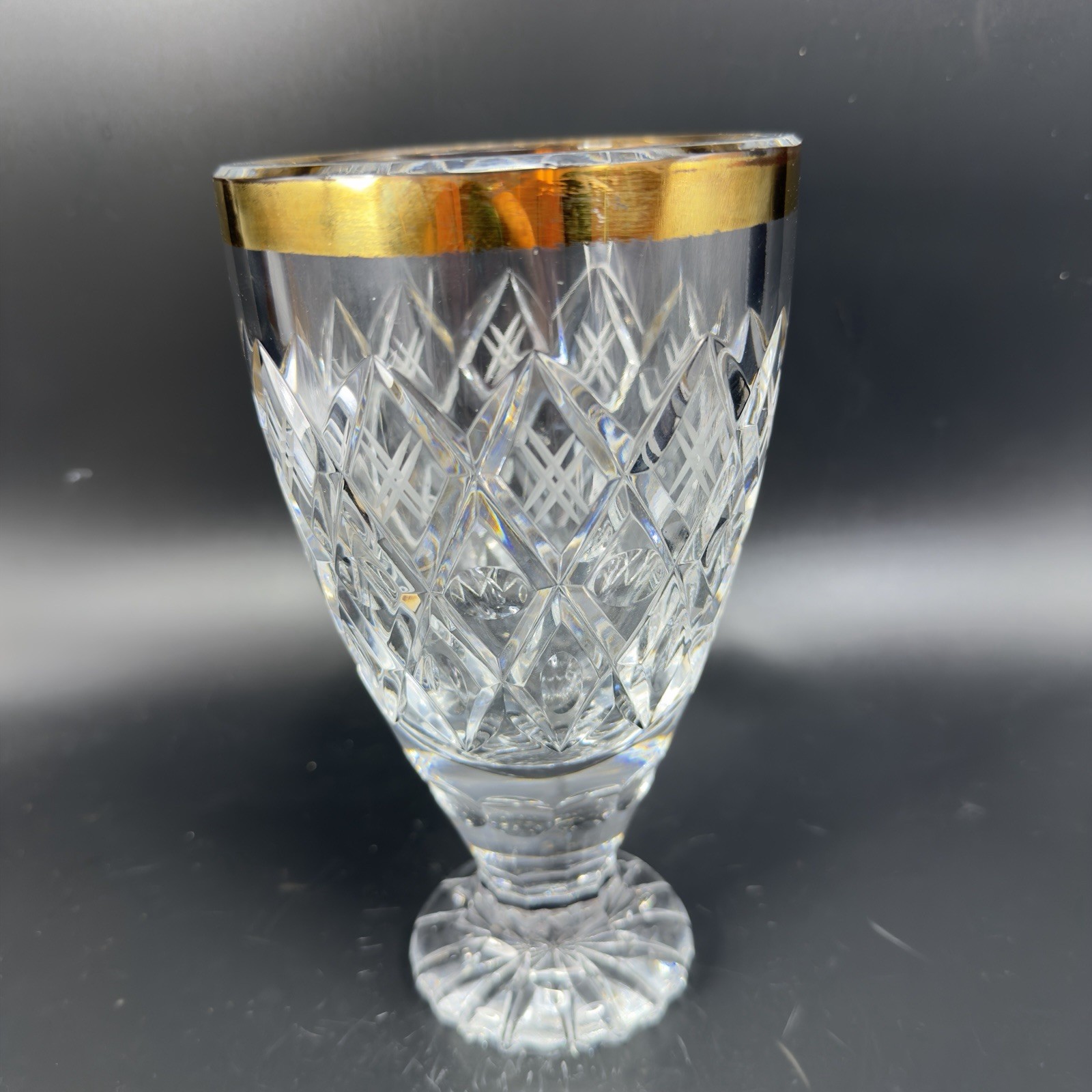 Bohemian Thick Heavy Crystal Vase Pedestal Vessel Clear Gold Band Edge Glass VTG